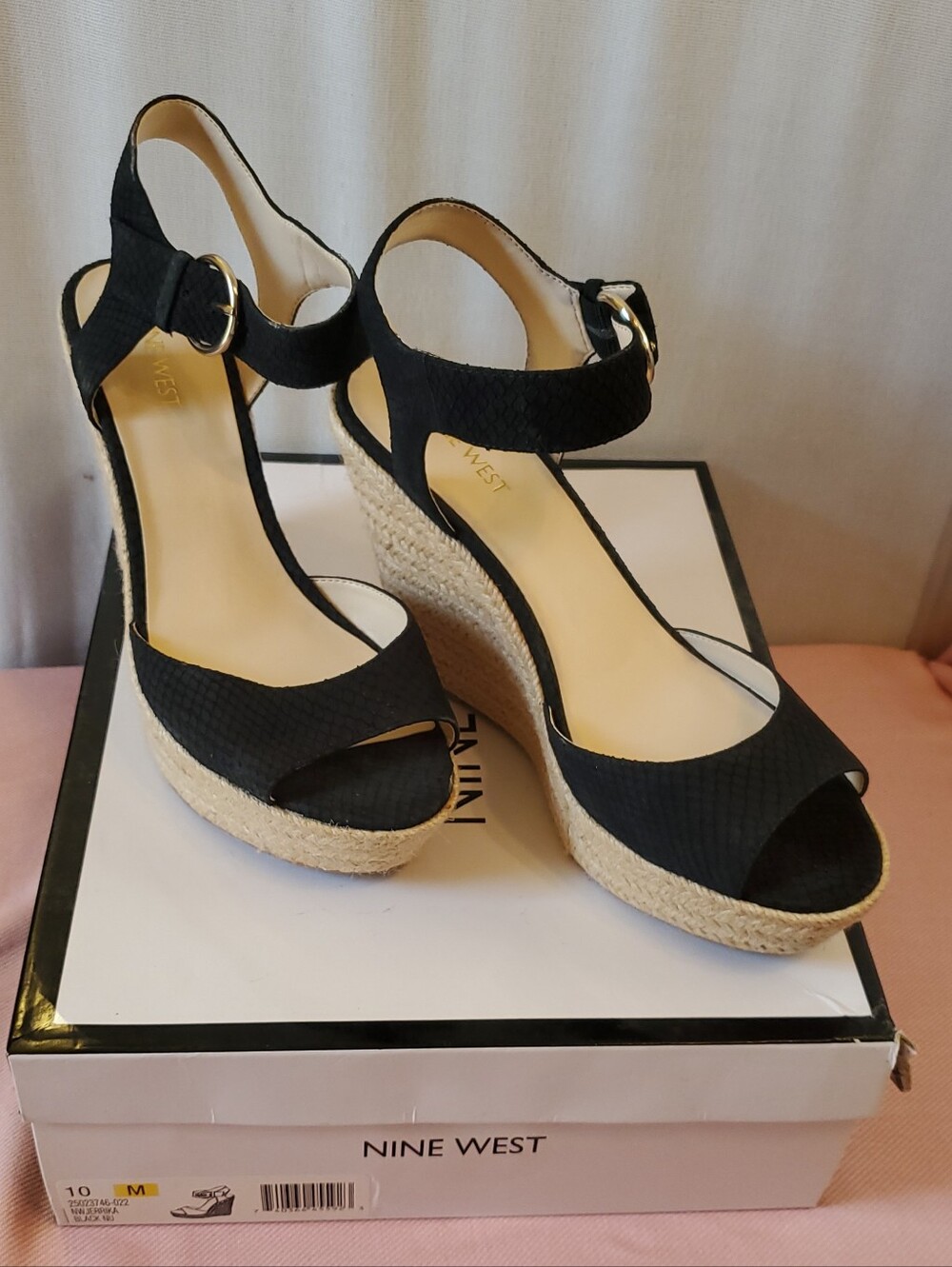 Nine West Black Woven Espadrille Wedge Sandals